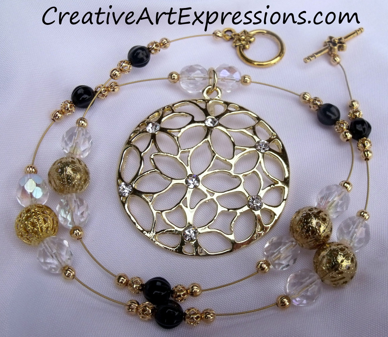 Creative Art Expressions Handmade Gold Black & Crystal Necklace Jewelry Design